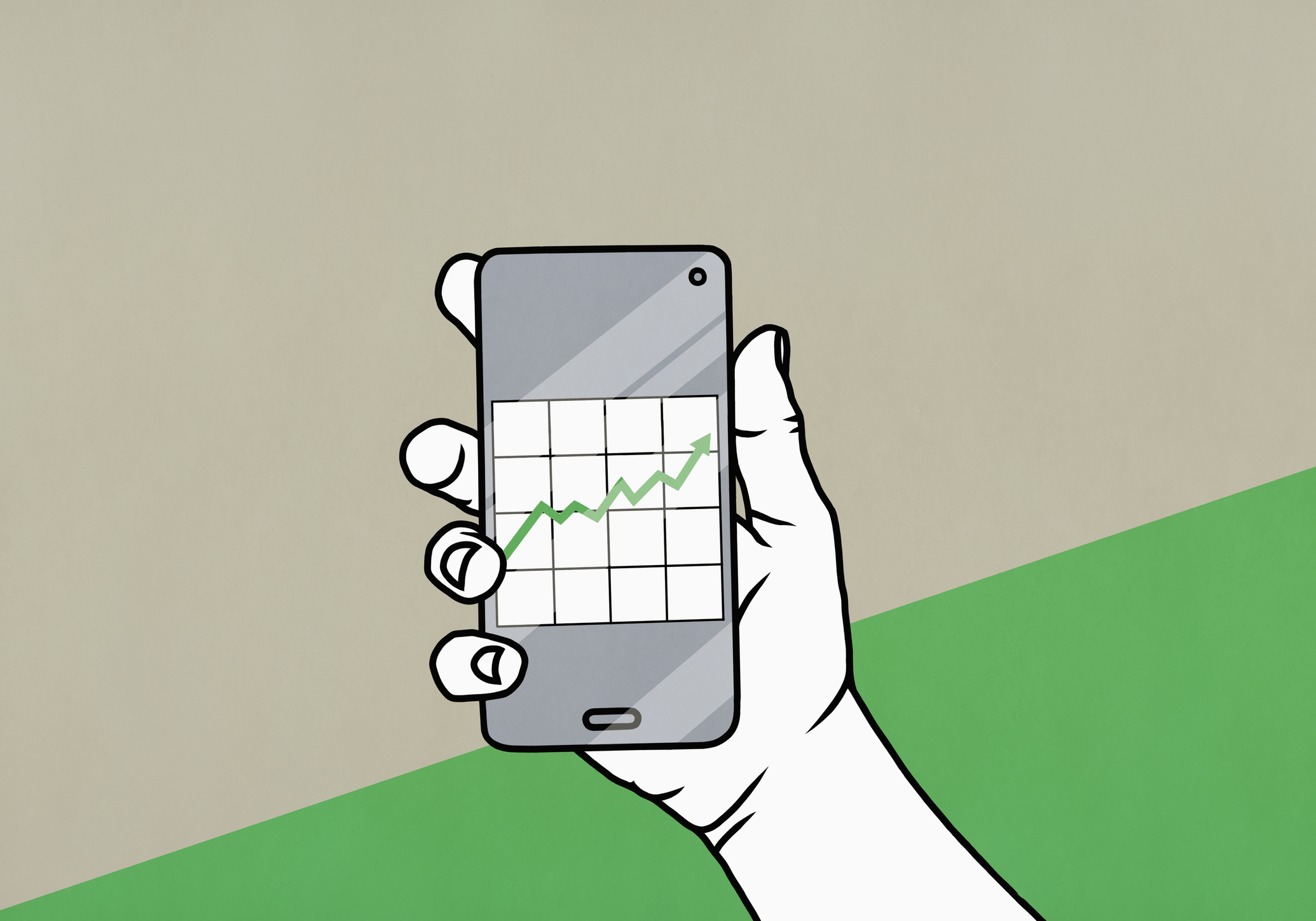 POV Hand holding smart phone with data graph